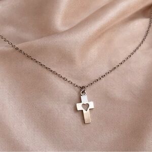Stainless Steel Cross with Heart Necklace – Silver Jewelry Dainty Necklace Gift